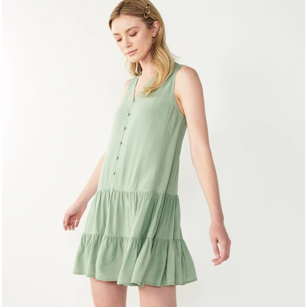 Nine West Solid Sage Green Tiered Dress Faux Button Front Sleeveless Size XL